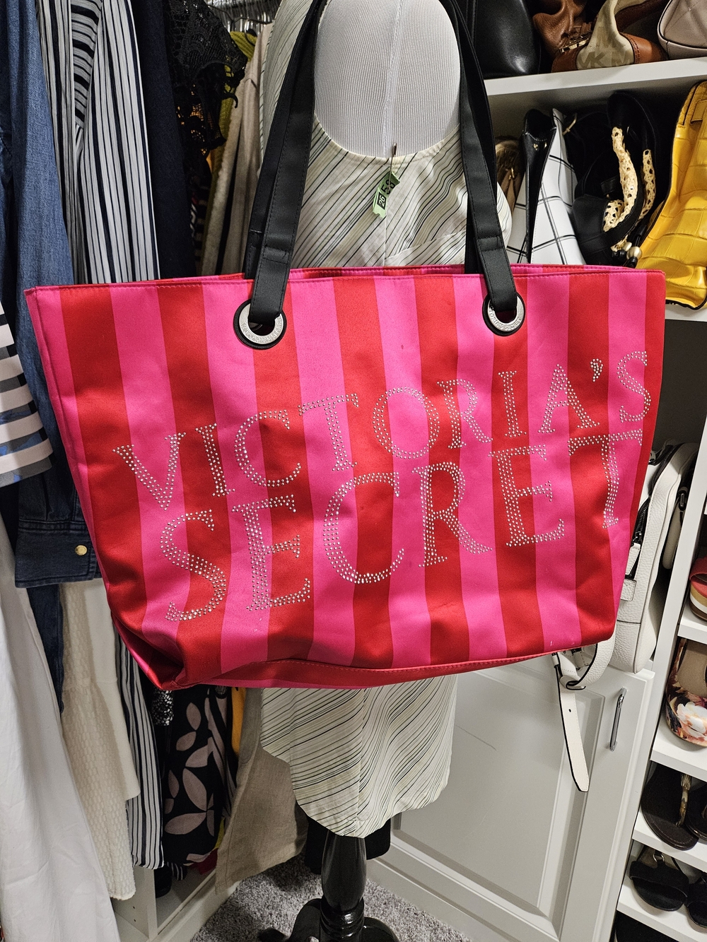 Victoria's Secret Hot Pink and Red Striped Tote with Crystal Logo